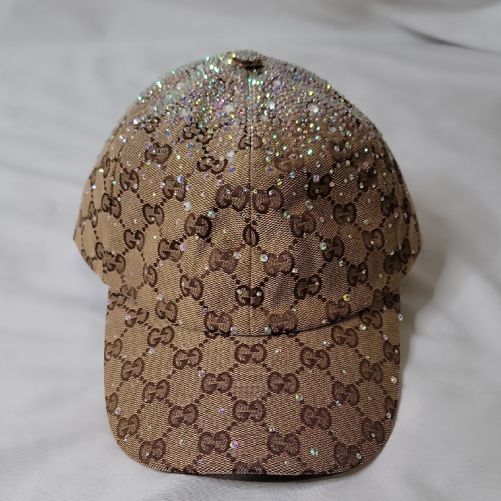 Gucci Brown GG Cap With Rhinestones